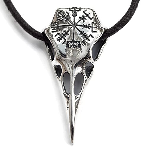 Raven Skull Necklace with Viking Compass Vegvisir Pendant Bird Crow Odin Norse Animal Ancient Protection Amulet Talisman Nordic Goth Jewelry for Men Women (Sterling Silver)