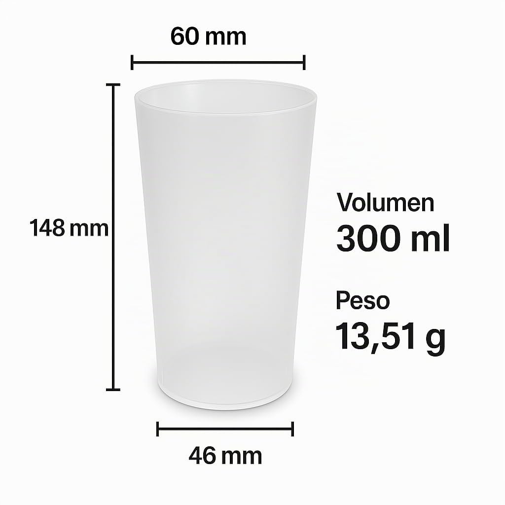 Vasos de tubo Pack economico reutilizables 300ml - Color Transparente - Plástico duro (Polipropileno) - Libres de BPA ecologicos y reciclables (Pack 500)
