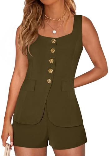 PRETTYGARDEN Womens 2 Piece Matching Sets 2026 Fashion Suit Vest Tops Shorts Set Spring Business Casual Vacation Outfits (Army Green,Small)