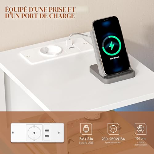 Table de chevet éclairée 2 tiroirs HEXCELEN petite table de nuit blanche USB