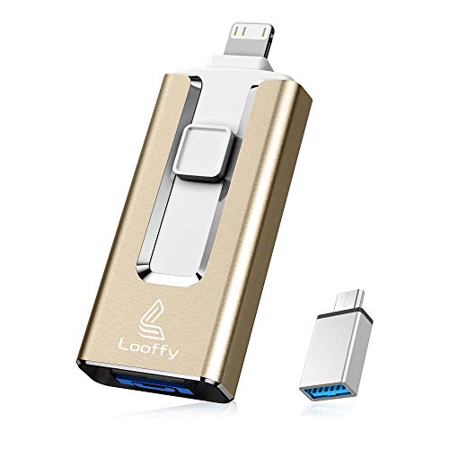 USB Flash Drive Compatible iPhone, 4 in 1 Memory Stick Looffy USB 3.0 Type C Thumb Drive for Photos, iOS Photostick Mobile External Storage Compatible with iPhone/iPad/OTG Android/PC 32GB Gold