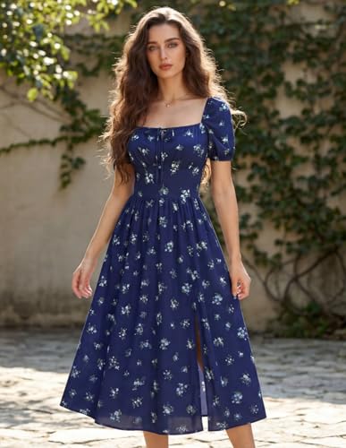Image of Scarlet Darkness Summer Spring Split Floral Corset Midi Dress with Pockets | Floral dress with elastic sleeves, tie square neck, smocked back, 3 boned waist, left zip, side pockets, front thigh slit