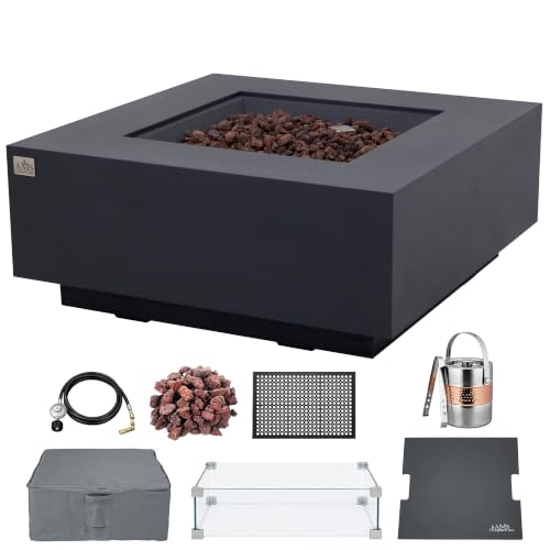Image of AMS Creations | Brooklyn 40 inch Bundle Square Natural Gas Outdoor Fire Pit Table | Dark Gray Concrete GFRC Smooth Texture Surface Fire Pit Table