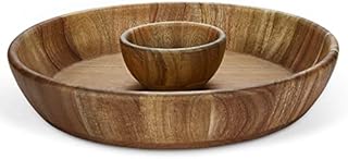 Miusco Chip and Dip Serving Set, 12 Inch/30 cm, Premium Acacia Wood Plate with Dip Bowl, Appetizer & Snack Wooden Serving Platter, Great for Buffalo Wings & Cocktail Shrimp, Round