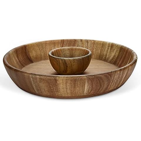 Miusco Chip and Dip Serving Set, 12 Inch/30 cm, Premium Acacia Wood Plate with Dip Bowl, Appetizer & Snack Wooden Serving Platter, Great for Buffalo Wings & Cocktail Shrimp, Round Cover