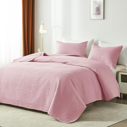 akkialla Full/Queen Quilt Set,Pink Lightweight Bedspread with Coin Pattern, Soft Microfiber Coverlet for All Seasons, Contemporary Decorative Bedding (1 Quilt, 2 Pillow Shams)