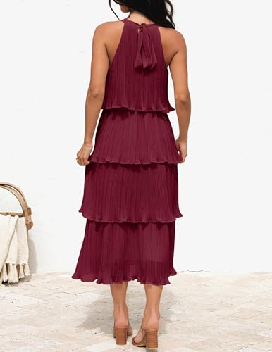 Image of ZESICA Women's 2026 Summer Sleeveless Halter Neck Ruffle Tiered Layered Chiffon Flowy Swing Long Midi Dress