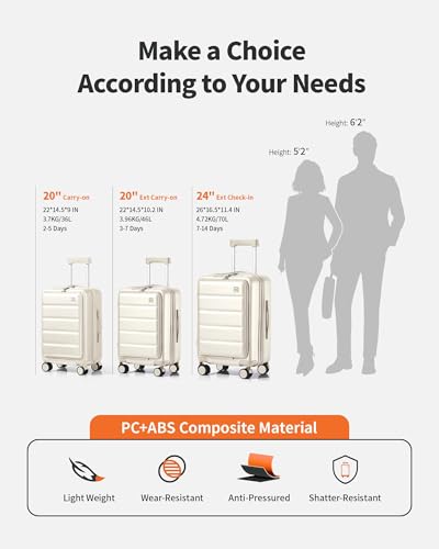 20 IN Carry On Luggage 22x14x9 Airline Approved - Front Pocket Hardside Travel Suitcase Unbreakable -with Cup Holder,Charging Port,Side Pothook, 360°Spinner Wheels, TSA Lock-White3
