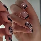 Auroriel 24 pièces ongles carrés courts pressés imprimé léopard noir bord français noir brillant réutilisables faux ongles couverture complète facile à appliquer