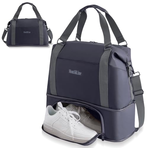 MonSiiLine Foldie Travel Bag Expandable, Gym Bag with Shoe Compartment, Workout Bags for Gym with Straps Personal Item Travel Bag for Weekender Overnight, Duffel Bags for Traveling(Black)