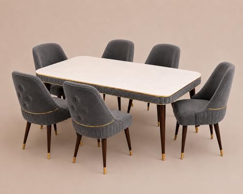 Image of WOODEN SPACE 6-Seater Wooden Dining Table Set | Nano Composite Marble Top | Solid Wood Base | Modern Dining Room Furniture with 6 Chairs (Dark Grey Grand Aura)