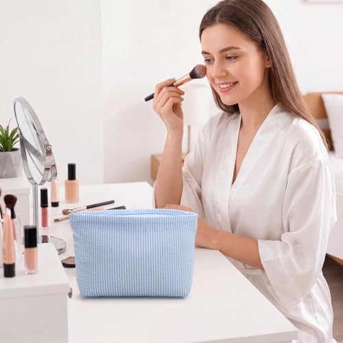 Sanwuta 12 Pcs Seersucker Makeup Bag for Women Stripe Cosmetic Bag Bulk Travel Toiletry Organizer Preppy Storage Pouch Zipper Purse Gifts for Wedding Bridesmaid Mom (Blue) — view 4