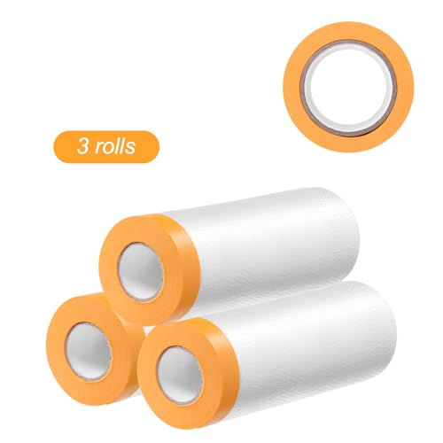 Image of HARFINGTON 3 Rolls Pre-Taped Masking Film 35.4 inch x65.6ft Tape and Drape Painters Plastic Drop Cloth Film with Tape Plastic Sheeting for Automotive Painting Covering