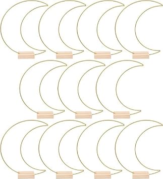 Dining Table Decor 10 Sets Metal Floral Hoop Moon Shaped Metal Wreath Ring Stand with Wood Holder Centerpiece Table Decor for DIY Xmas Wedding Table Decor Flower Garlands Moon,26x20cm