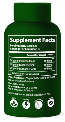 Organic Irish Sea Moss Capsules, Raw Wildcrafted Seamoss Enhanced w/Bladderwrack & Burdock Root Capsules 120 Total Pills Antioxidant Packed. Prebiotic Superfood, Thyroid Support - Image 8