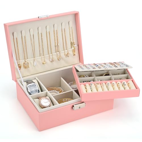 Sofore Sakura Rose - Scatola per gioielli da donna, grande portagioie a 2 strati, con 2 cuscini per orologio, in pelle PU, organizer per gioielli da viaggio, per orecchini, anelli, collane, orologio
