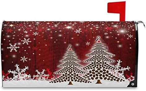 Merry Christmas Tree Winter Snowflake Pine Mailbox Covers Standard Size Red Christmas Tree Wood White Snow Magnetic Mail Wraps Cover Letter Post Box 21" Lx 18" W