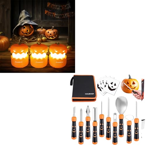 EverBrite 3-Pack Halloween Pumpkin Lantern & HAUSHOF 20PCS Halloween Pumpkin Carving Kit