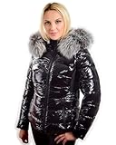 Wunderschöne schwarze Steppjacke mit Pelzbesatz für Kapuze aus Silberfuchsfell.
