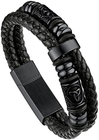 bandmax Double Row Black Braided Leather Wristband for Men Stainless Steel Beaded Double Layer Leather Cord Wristband Bangle with Magnetic Buckle