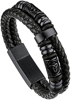 bandmax Double Row Black Braided Leather Wristband for Men Stainless Steel Beaded Double Layer Leather Cord Wristband Bangle with Magnetic Buckle