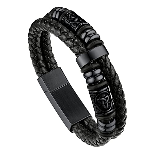 bandmax Bracelet Manchette en Cuir Tressé Multicouche pour Homme 19cm avec Perles de Viking Nordique Inoxydable Cover