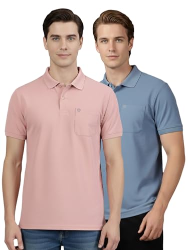 Image of Lux Cozi Men's Cotton Blend Polo T-Shirt with Chest Pocket | Collar T-Shirts for Men | Half Sleeves | Plain - Regular Fit (Pack of 2)
