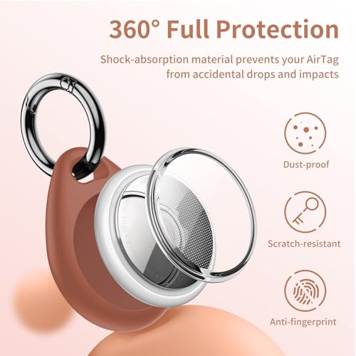 Image of UNBREAKcable Holder for Apple AirTag - 4 Pack [Fit Tightly Design] [Easy to Install] [Hold Air Tag Securely] Waterproof TPU Shell Protective Case with All Metal Keychain Key Ring Clip (Black&Brown)