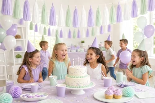 Image of Dusty Sage Green Purple Lavender Party Decorations Paper Tassel Garland Banner Streamers Wildflower Fairy Birthday Baby Shower Wedding Bachelorette Tea Party Nursery Wall Hanging Decor