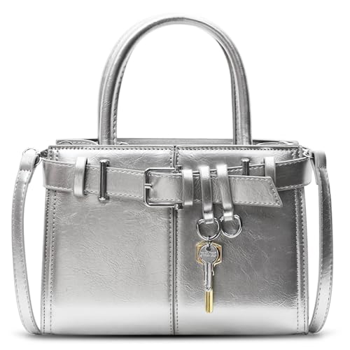 Bolso de cuero Tote para mujer con bandolera plateado miniatura 1