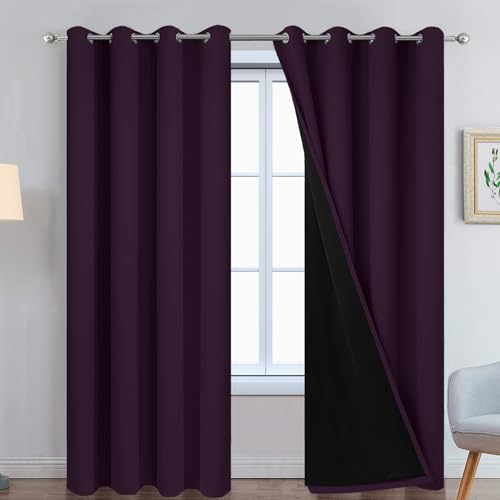 Image of Yakamok Dark Purple 100% Blackout Curtains 84 Inches Long 52 inch Wide 2 Panels | Blackout Curtain Panels for Bedroom, 2 Thick Layers Grommet Top Thermal Insulated Drapes with Black Liner for Living Room
