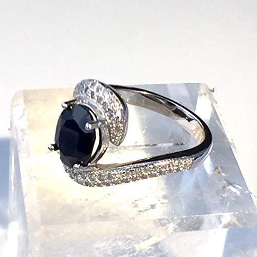 Sz 6, Genuine Deep Dark Blue SAPPHIRE and WHITE TOPAZ Gemstones, 925 Sterling Silver, Engagement, Solitaire Ring Jewelry.3