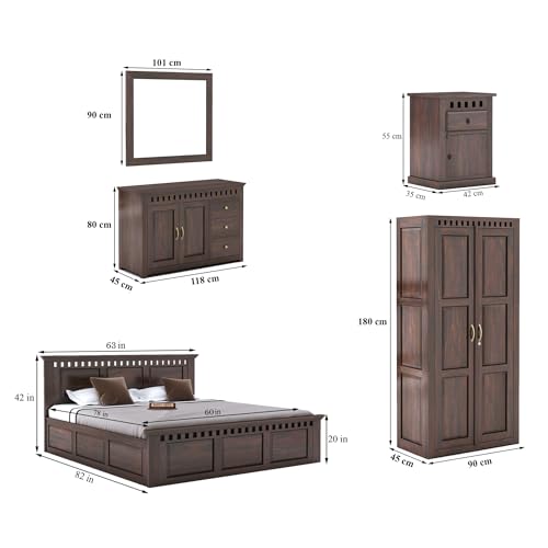 Image of SONA ART & CRAFTS Kuber Solid Sheesham Wood Bedroom Set | Queen Size Bed with Box Storage, Wardrobe, Chest of Drawer & Two Bedside Tables - Walnut Finish (Assembly Included)