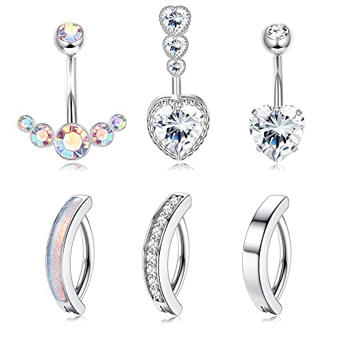 Fiasaso 6Pcs 14G Belly Button Ring For Women 316L Surgical Steel Cz Opal Belly Rings Simple Reverse Navel Rings Body Jewelry Clicker Belly Button Ring Silver #TOP28