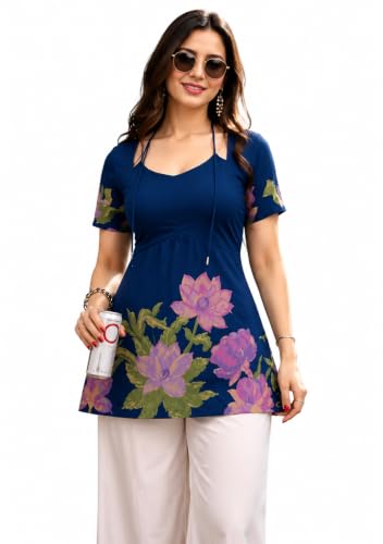 Image of Women's Floral Pure Cotton V-Neck Short Kurti (Has Lining) | Lightweight Short Sleeve Tunic | Breathable Stylish Casual & Office Wear Top