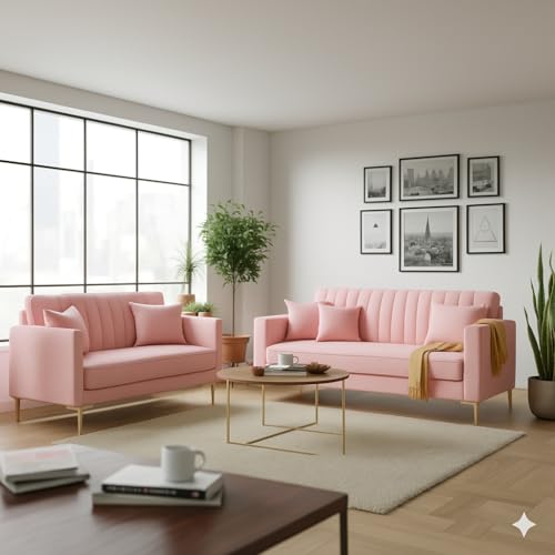 Image of 3+2 Seater Velum Fabric Sofa Set for Living Room, Modern Design with High Density Foam, Solid Wood Frame, Ergonomic Comfortable Seating for Home & Office (Baby Pink, 3+2 Seater) | Soft foam comfort, Strong wood frame