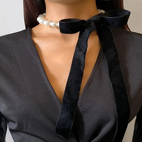 Zeshimb Faux Pearl Choker Necklace Black Long Wide Ribbon Bowknot Necklace Baroque Pearl Beaded Necklace Vintage Simulated Pearl Bow Tie Collar Necklace Jewelry For Women Girls #TOP11