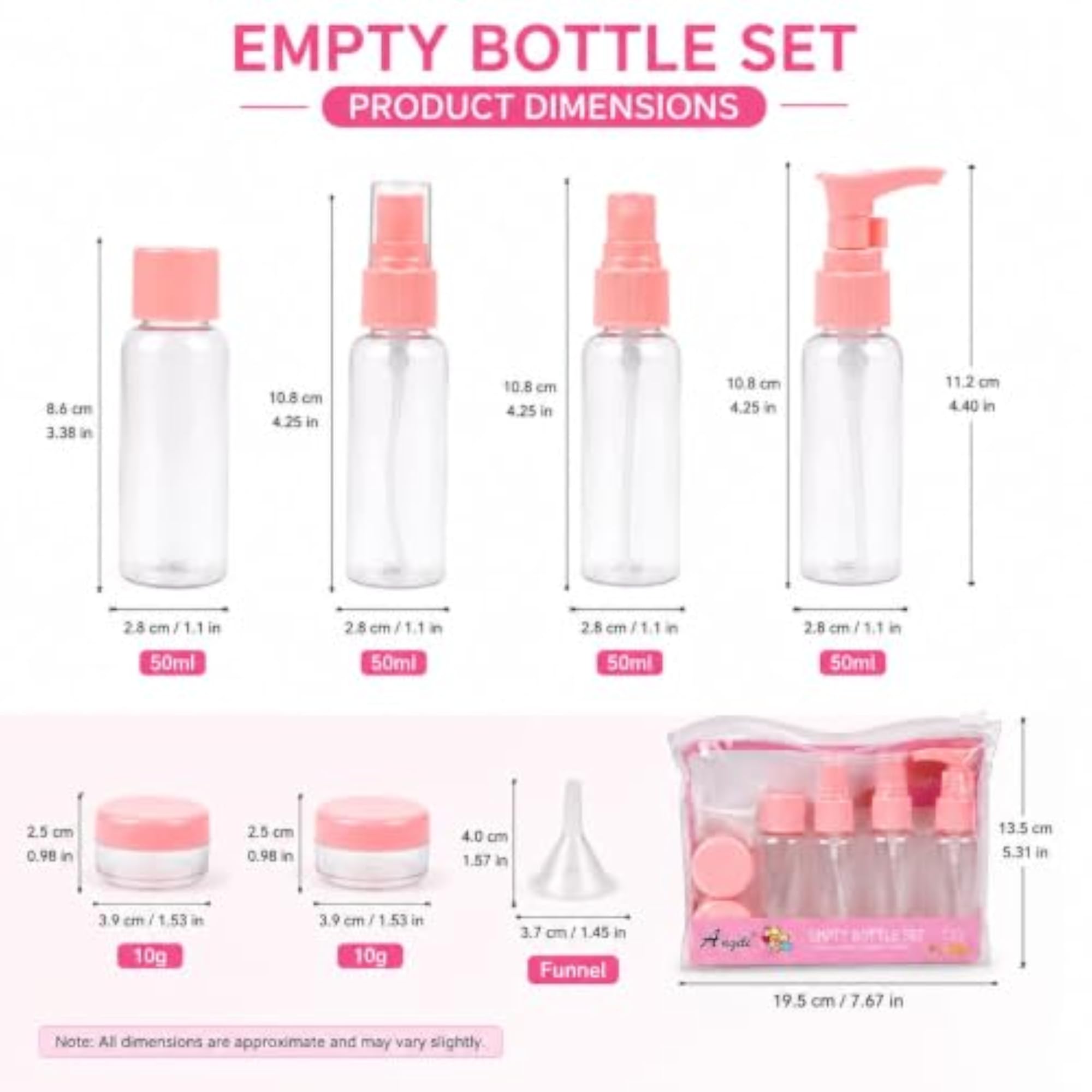 Refillable Cosmetic Container Travel Bottles Set, Pink