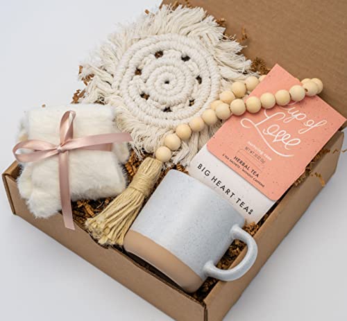 Happy Hygge Gifts Handmade Birthday Gift Basket for Women with Ceramic Speckled Mug, Premium Fuzzy Socks, Wooden Beads, Cup of Love Tea, Crochet Cotton Coaster | Hygge Gift Box, Friend Care Package