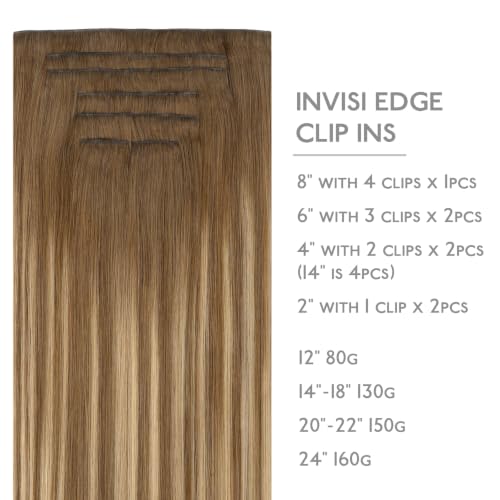 Image of WENNALIFE Invisible Edge Seamless Clip in Hair Extensions Real Human Hair | 22'' 150g 7pcs Balayage Chestnut Brown Mixed Dirty Blonde. Thin PU Weft, Easy, Comfortable Clip in Remy Hair Extensions