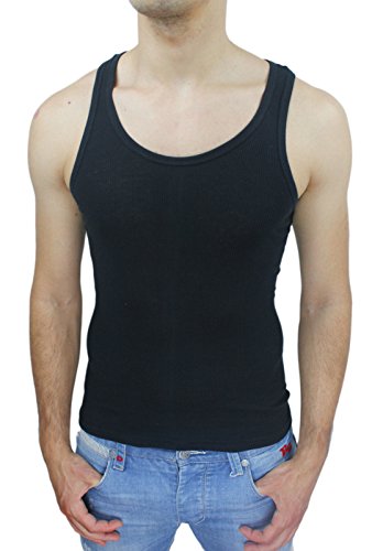 AK collezioni Canotta T-Shirt Uomo a Costine Nera Sportiva Elasticizzata Canottiera Slim Fit Super Aderente (XXL)