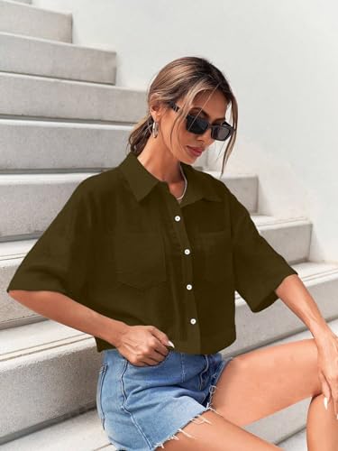 Image of TOPLOT V-Collar Solid Crop Shirt for Women with Half Sleeves, Polyester, Regular Fit