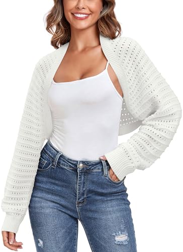 Image of AGSEEM Women's Open Front Ribbed Knit Pointelle Bolero Shrug Sweater Long Sleeve Crop Cardigan Shrugs Y2K Tops 2025