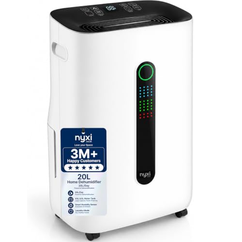 Nyxi 20L/Day Home Dehumidifier Digital Humidity Sensor XL 6.5L Water Tank Removes Condensation Humidity Damp Moisture Laundry Drying Continues Drainage Auto-Off 24 Hour Timer for Home Office