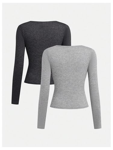 SOLY HUX Girl's Long Sleeve Scoop Neck Tees Ruched Casual Tshirt Tops Slim Basic Shirts 2 Piece2