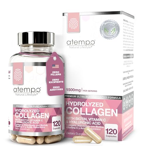 ATEMPO NATURAL LIFESTYLE Hydrolyzed Collagen Peptides Pro-Structural Protein for Men and Women 1500mg, Multi Dietary Supplement for Skin, Hair, Bones and Joint Support, 120 Capsules