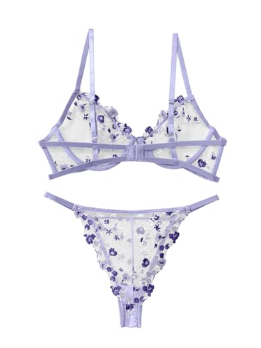 Image of Lilosy Sexy Floral Embroidered Mesh Sheer Underwire Lingerie Set