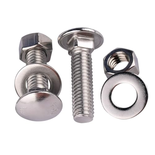 Image of 4 Sets 1 /2-13 x 1-1 /4 inch Carriage Bolts Screws Round Head Square Neck and Hex Nuts, Flat Washers 304 Stainless Steel 18-8 Full Thread, Silver