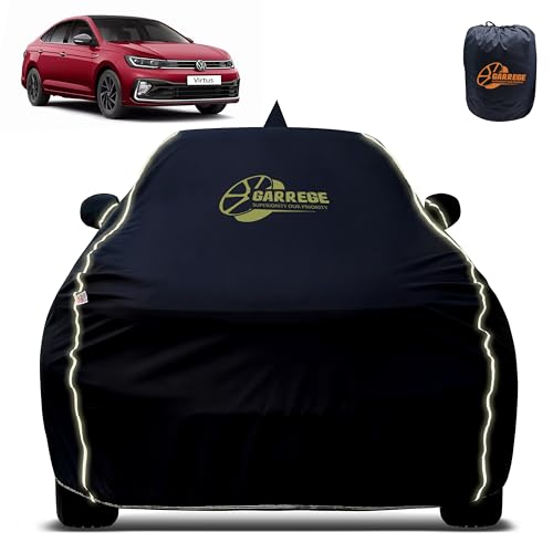 Image of Reflector Waterproof Car Cover for Volkswagen Virtus with Mirror & Antenna Pocket | All Weather Protection | Washable Fabric | Black Color