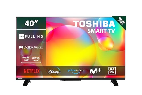 Frontal de la Smart TV Toshiba 40LV2463DG, mostrando su pantalla en funcionamiento, destacando la calidad Full HD y la compatibilidad con diversas plataformas de streaming.